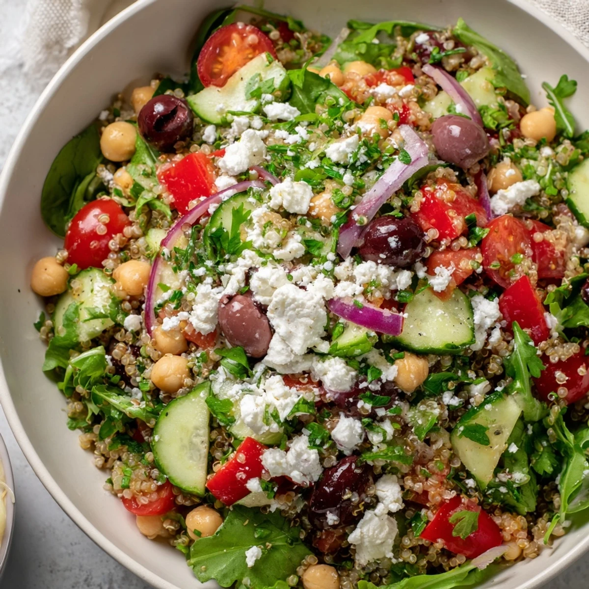Fresh Mediterranean Supper Salad in a white bowl with chickpeas, feta, and bright cherry tomatoes.