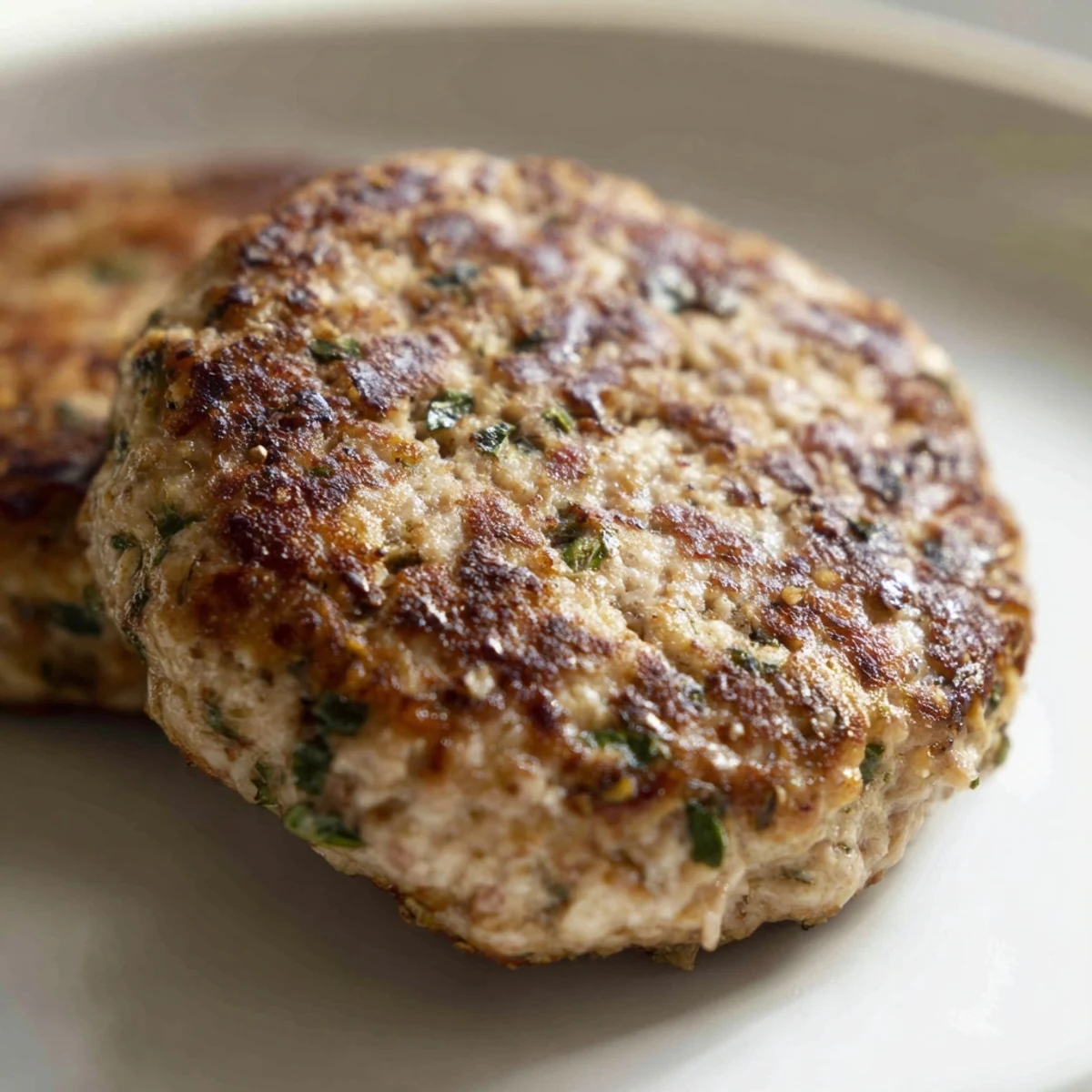 Golden-brown homemade Chicken Breakfast Sausage patties sizzling in a skillet, infused with fresh sage and garlic. 