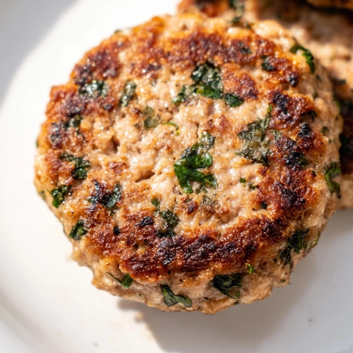 Seasoned ground chicken patties, perfectly seared and ready for a savory breakfast sandwich or alongside scrambled eggs. 