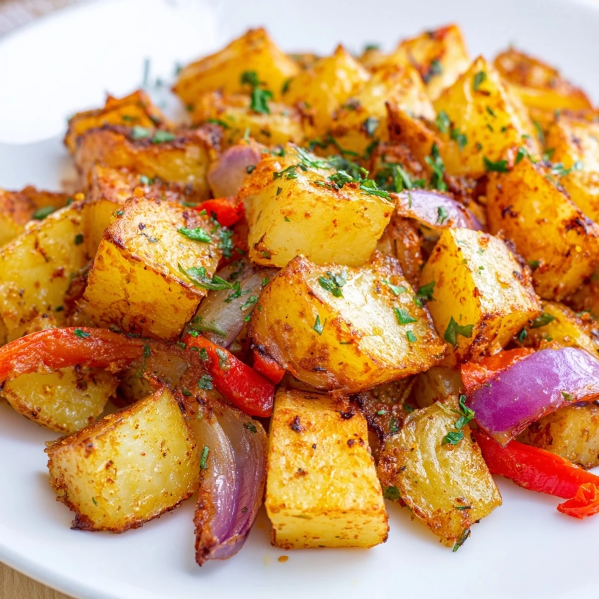 Golden-brown Roasted Breakfast Potatoes with crispy edges, red onion, and bell pepper on a baking sheet.