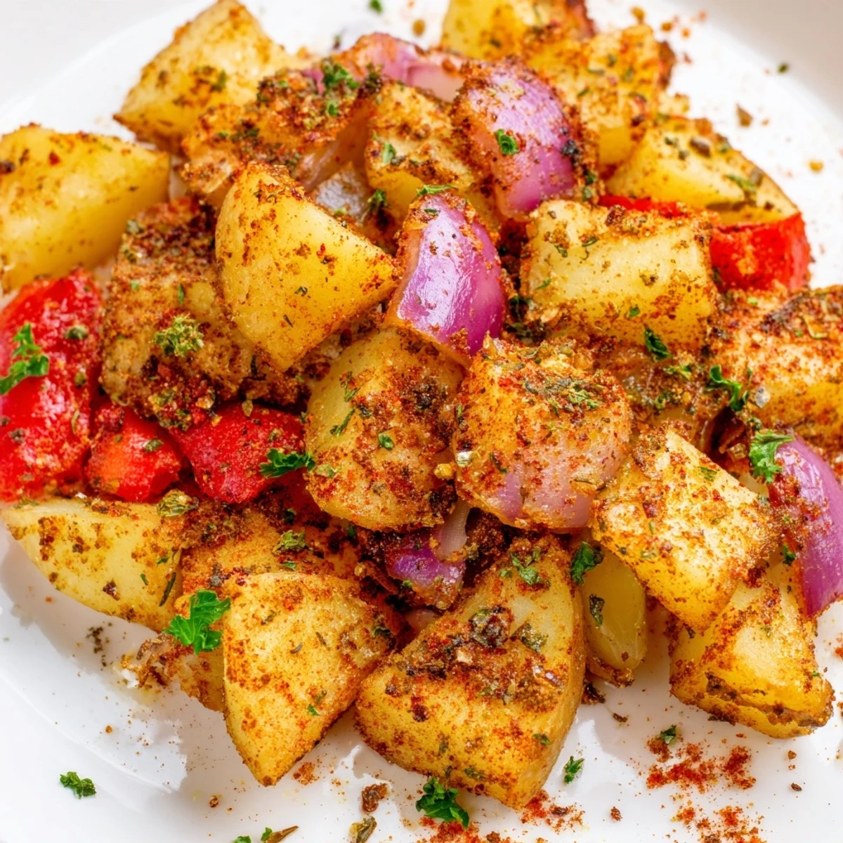 A close-up of Roasted Breakfast Potatoes topped with fresh chives, ready to serve with eggs.