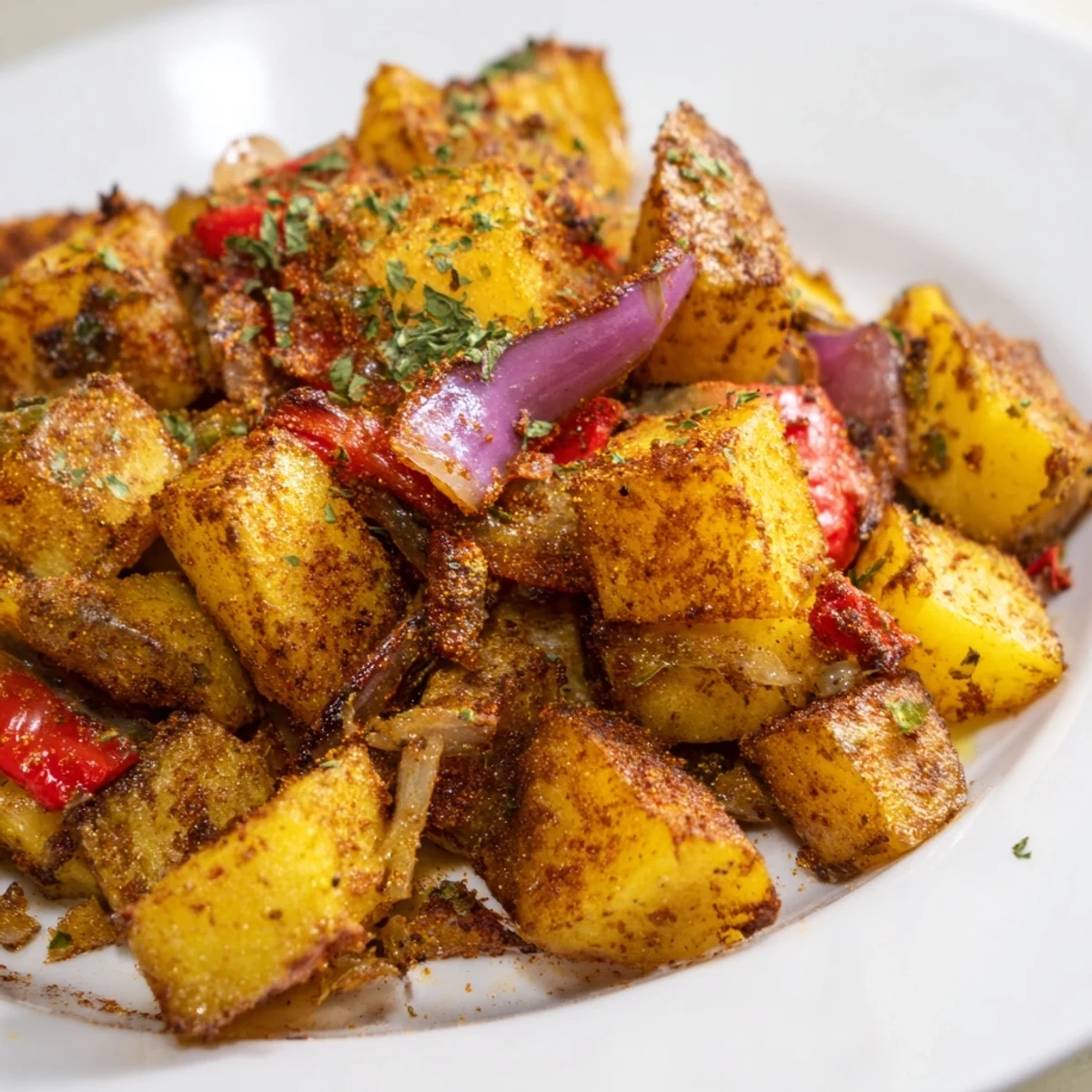 Seasoned Roasted Breakfast Potatoes tossed with herbs, olive oil, and paprika for a hearty vegetarian brunch.