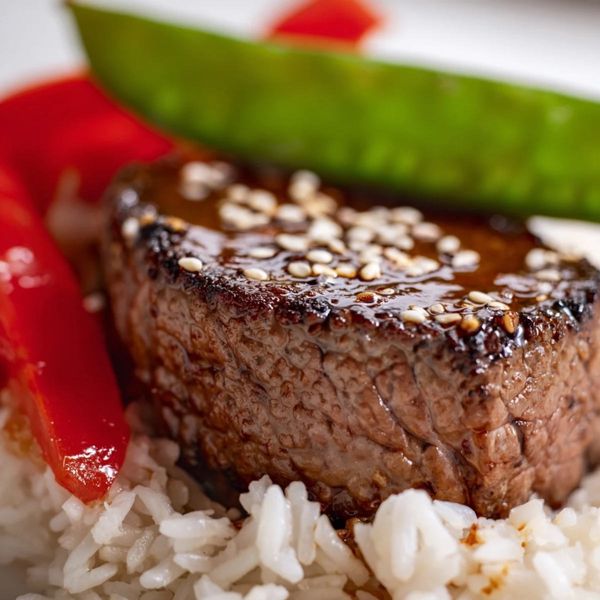 A vibrant Beef Lunch Bowl features colorful bell peppers, snap peas, and carrots tossed in a savory sauce atop rice.