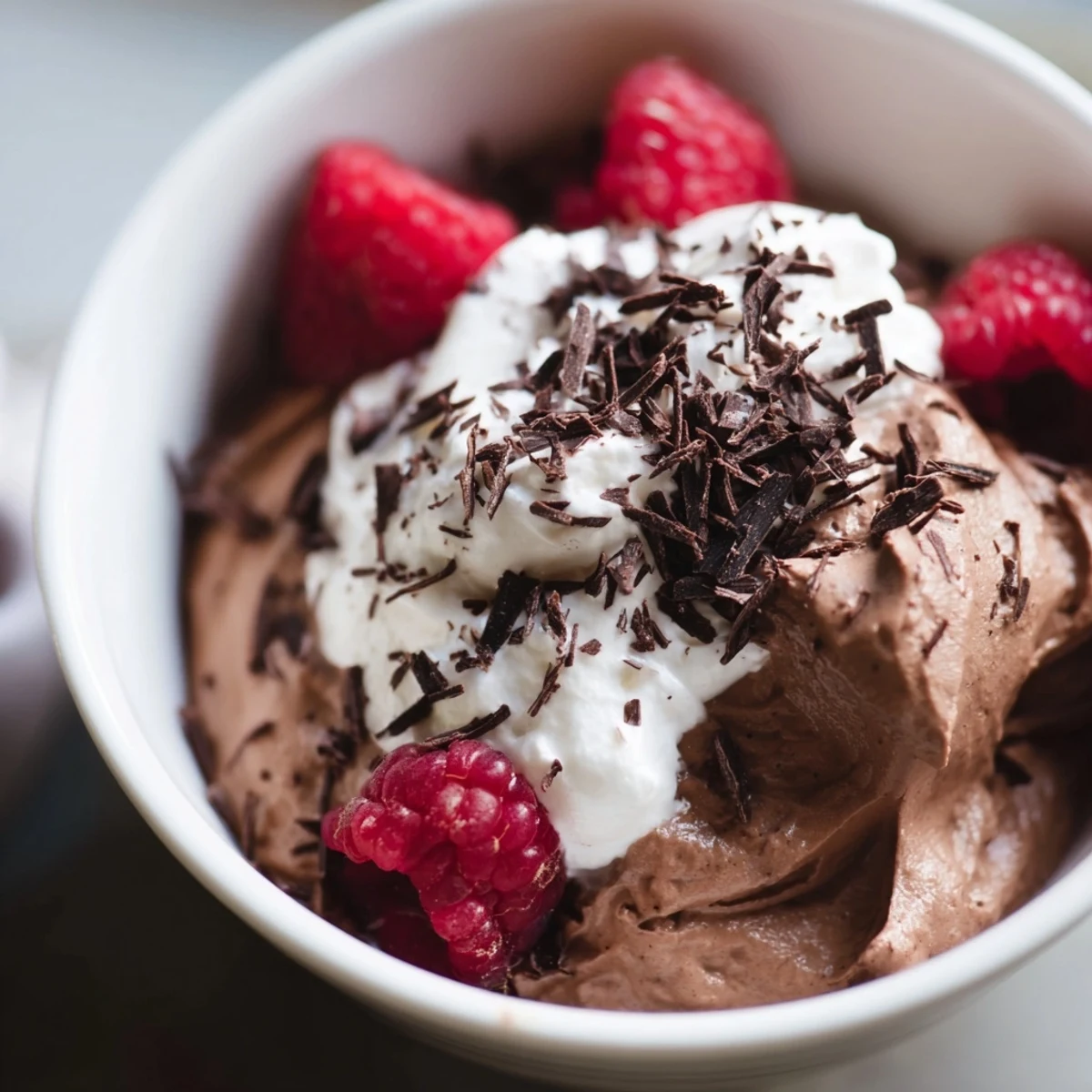 A spoon scoops into a rich Chocolate Lunch Dessert mousse, revealing a creamy, mousse-like texture and glossy melted chocolate base.
