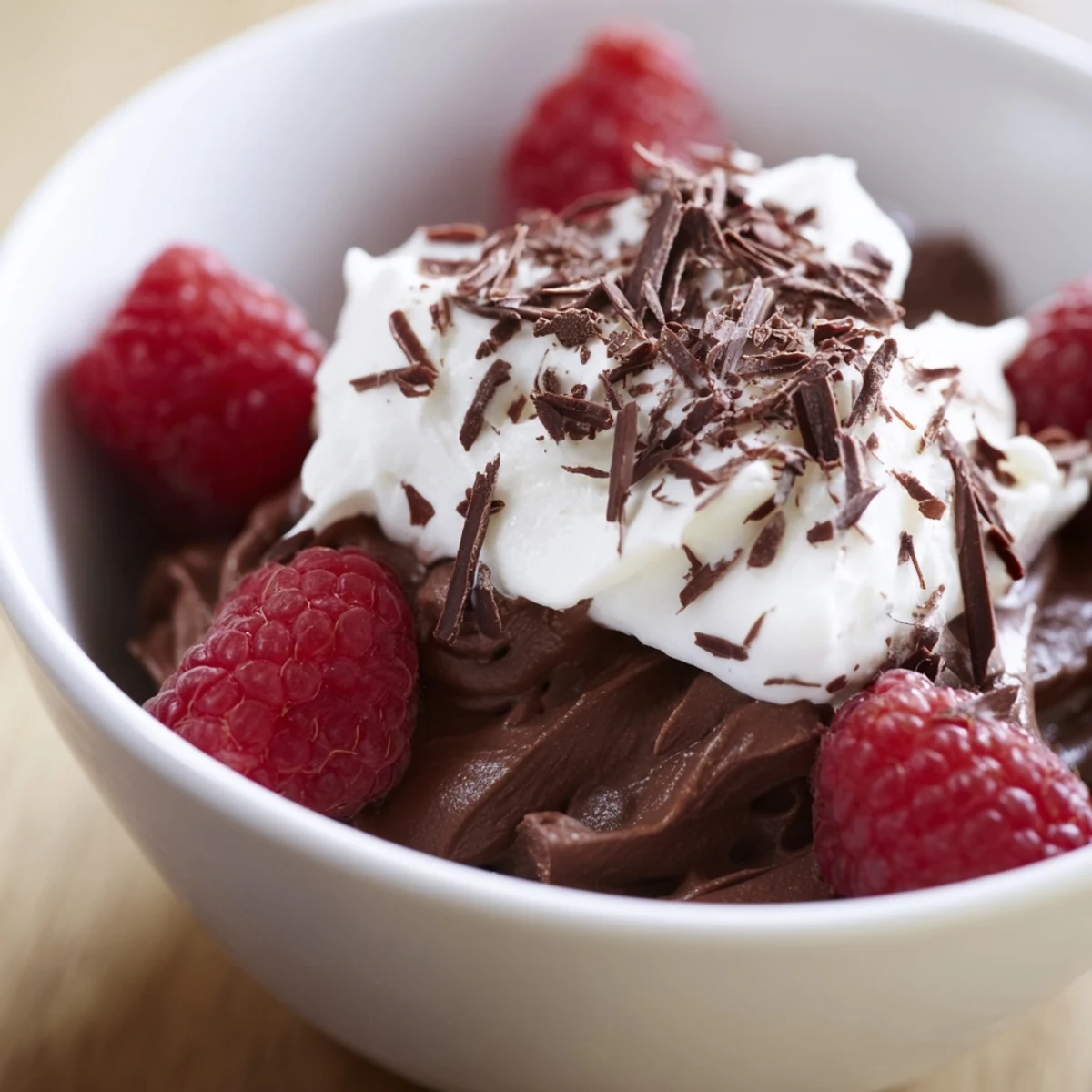Chocolate Lunch Dessert mousse in glasses, garnished with fresh strawberries and cocoa powder, served on a marble counter.