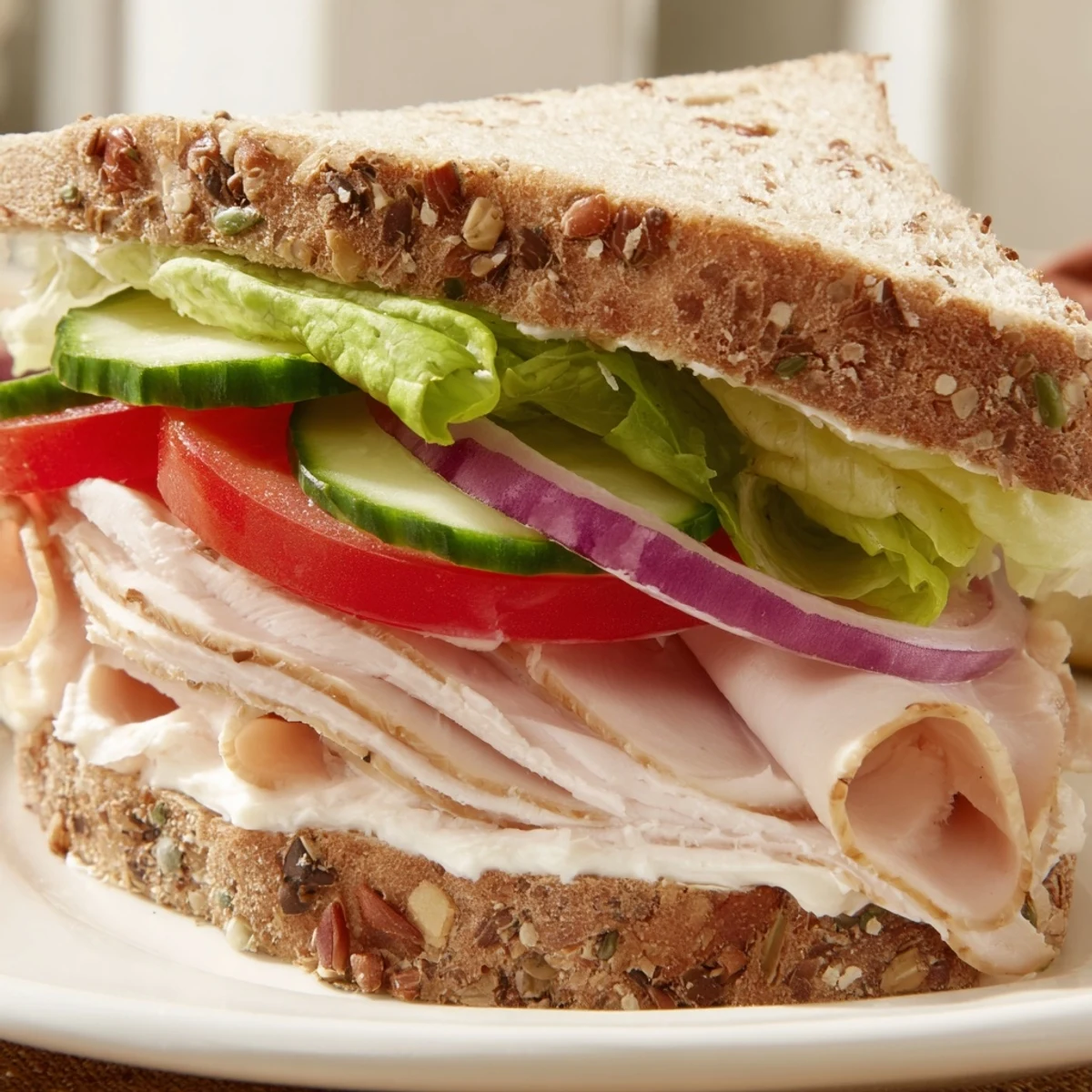 Freshly made Turkey Lunch Sandwich cut in half on a cutting board, stacked with turkey, crisp lettuce, and tomato.