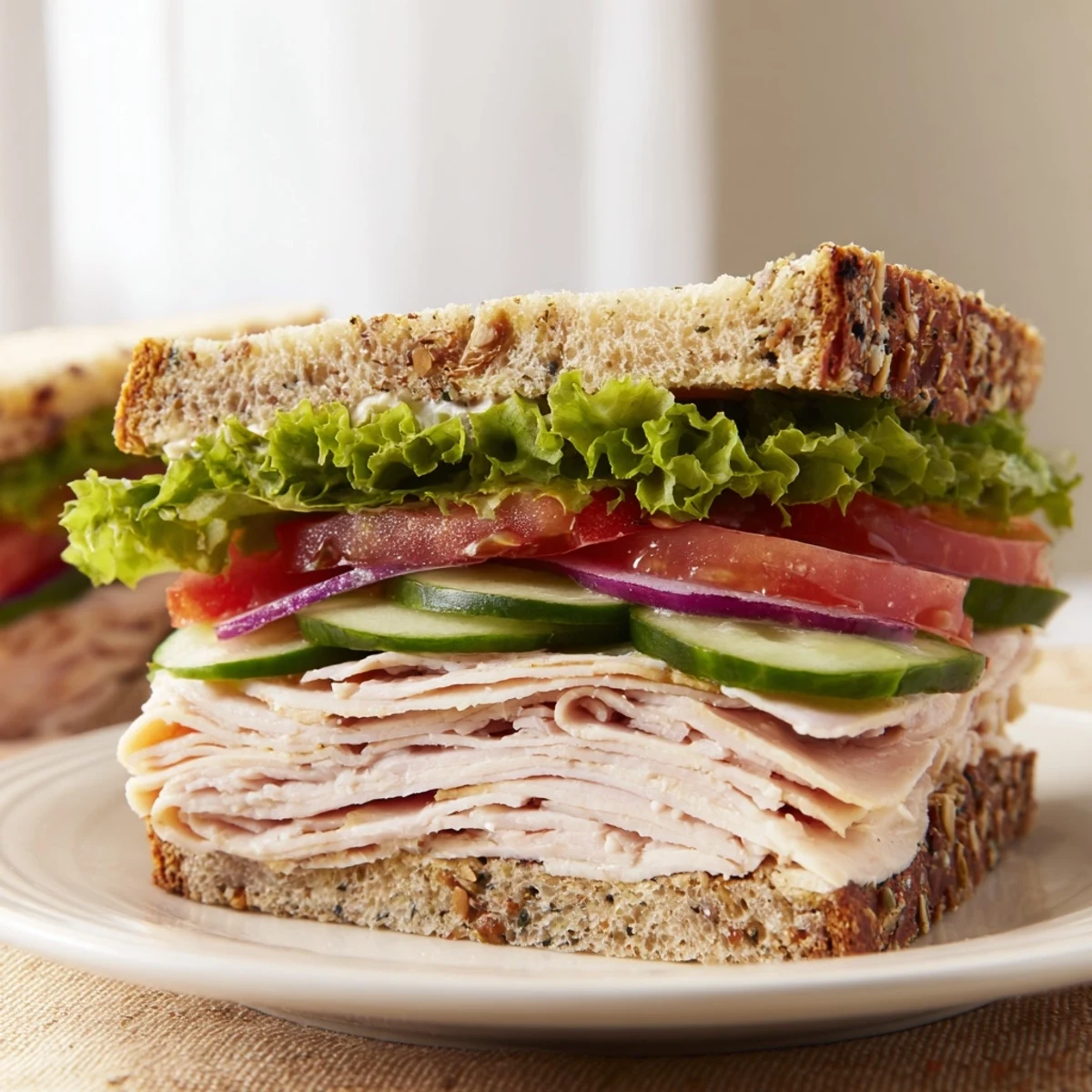 Classic Turkey Lunch Sandwich piled high with fresh veggies and creamy mayonnaise, served on whole wheat bread.