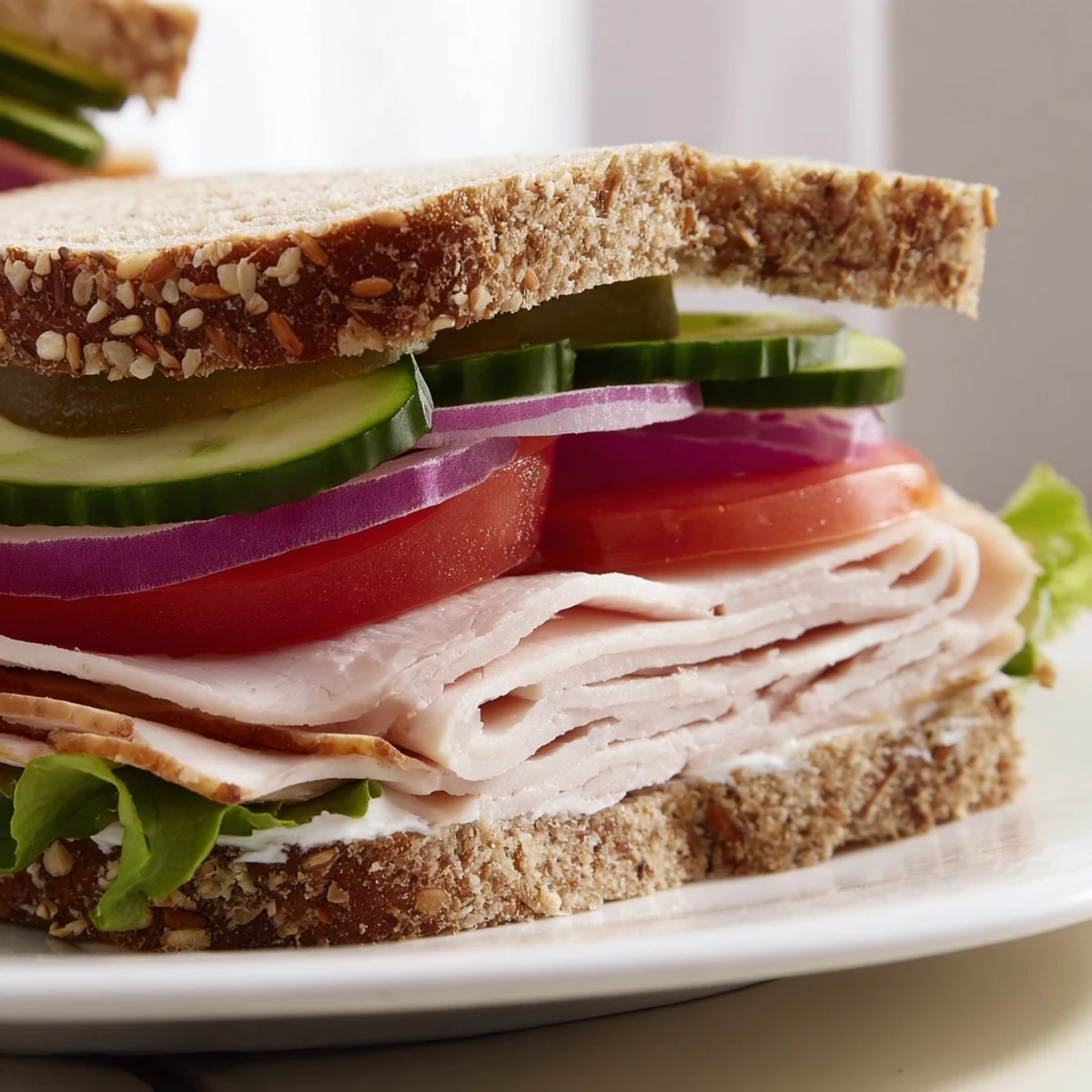 Cleanly presented Turkey Lunch Sandwich halves on a white plate, featuring turkey, cucumber, and red onion slices.