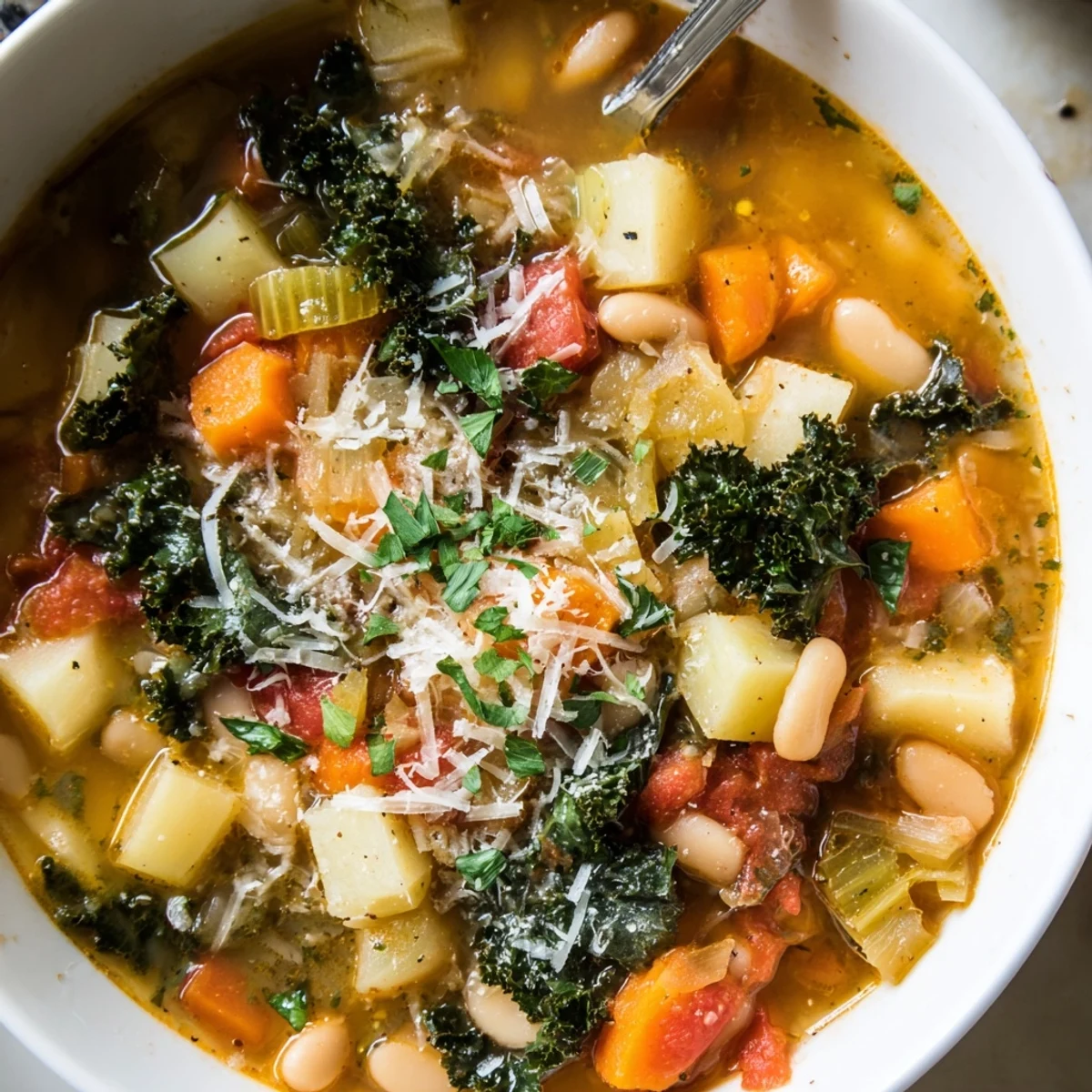 Ladle of steaming Winter Lunch Soup with kale, white beans, and rustic vegetables in a bowl.