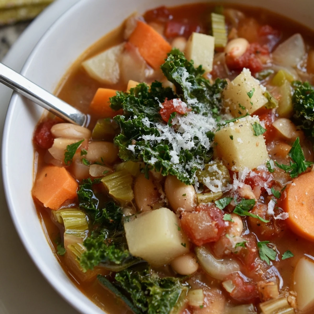 A close-up of Winter Lunch Soup, featuring tender potatoes, carrots, and a sprinkle of fresh parsley.