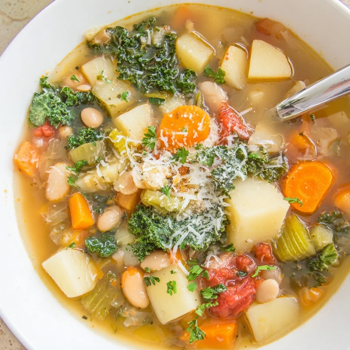 A rustic bowl of Winter Lunch Soup, packed with beans and greens, served with a side of crusty bread.