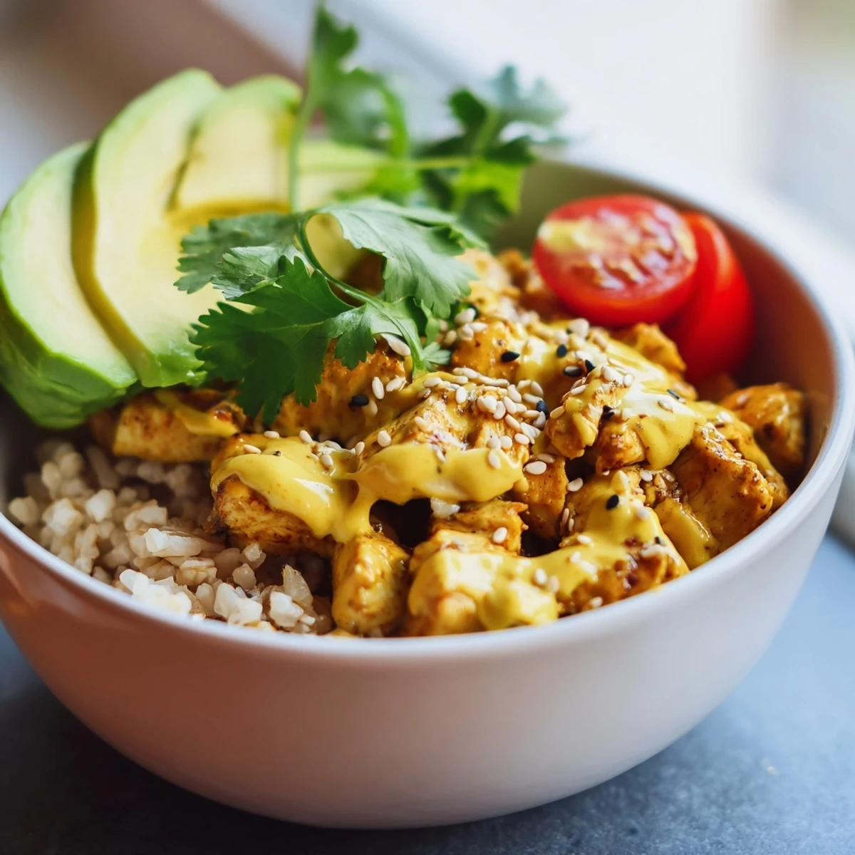 Tender spicy chicken and crisp veggies in this nourishing Spicy Lunch Bowl, topped with Greek yogurt Sriracha sauce and sesame seeds.