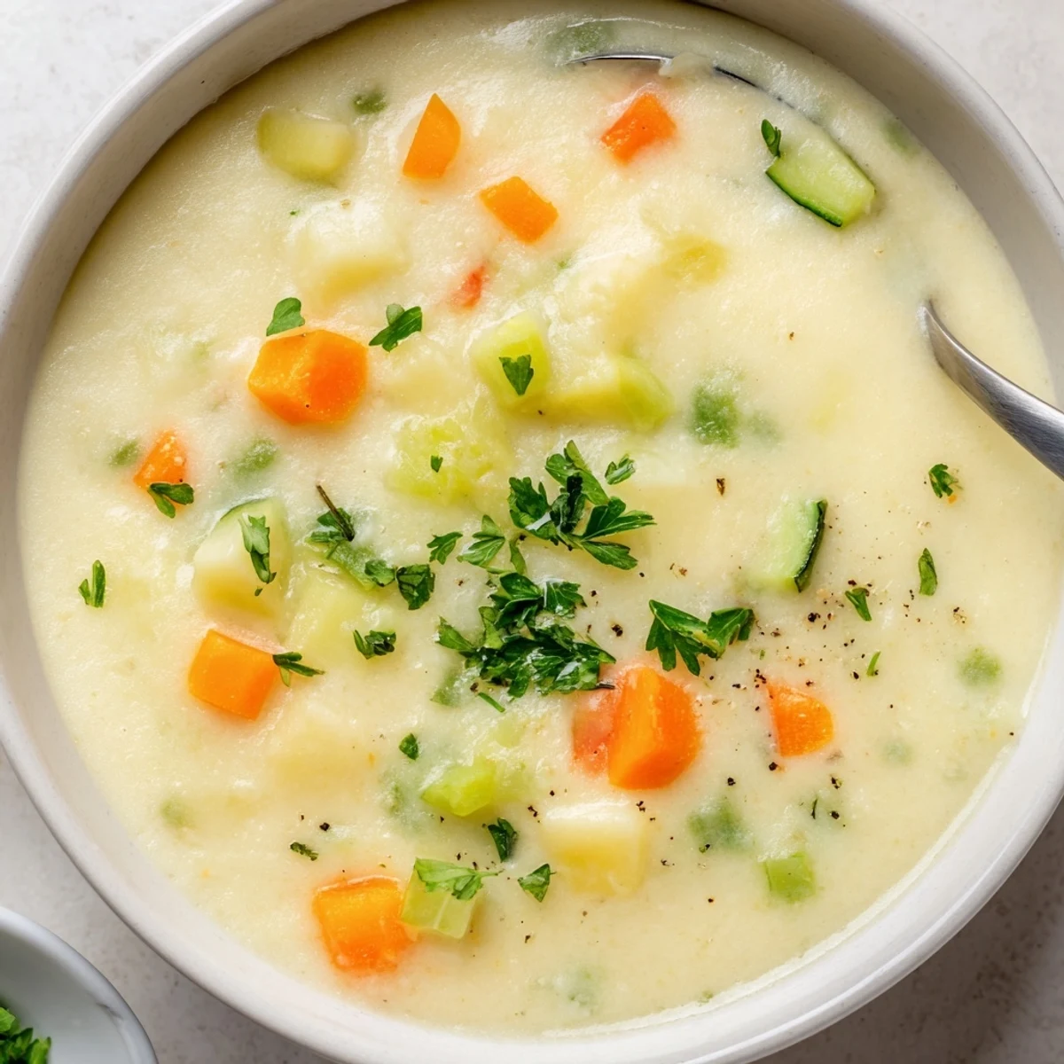 Creamy Lunch Soup simmering in a pot with carrots and celery visible in the velvety broth.