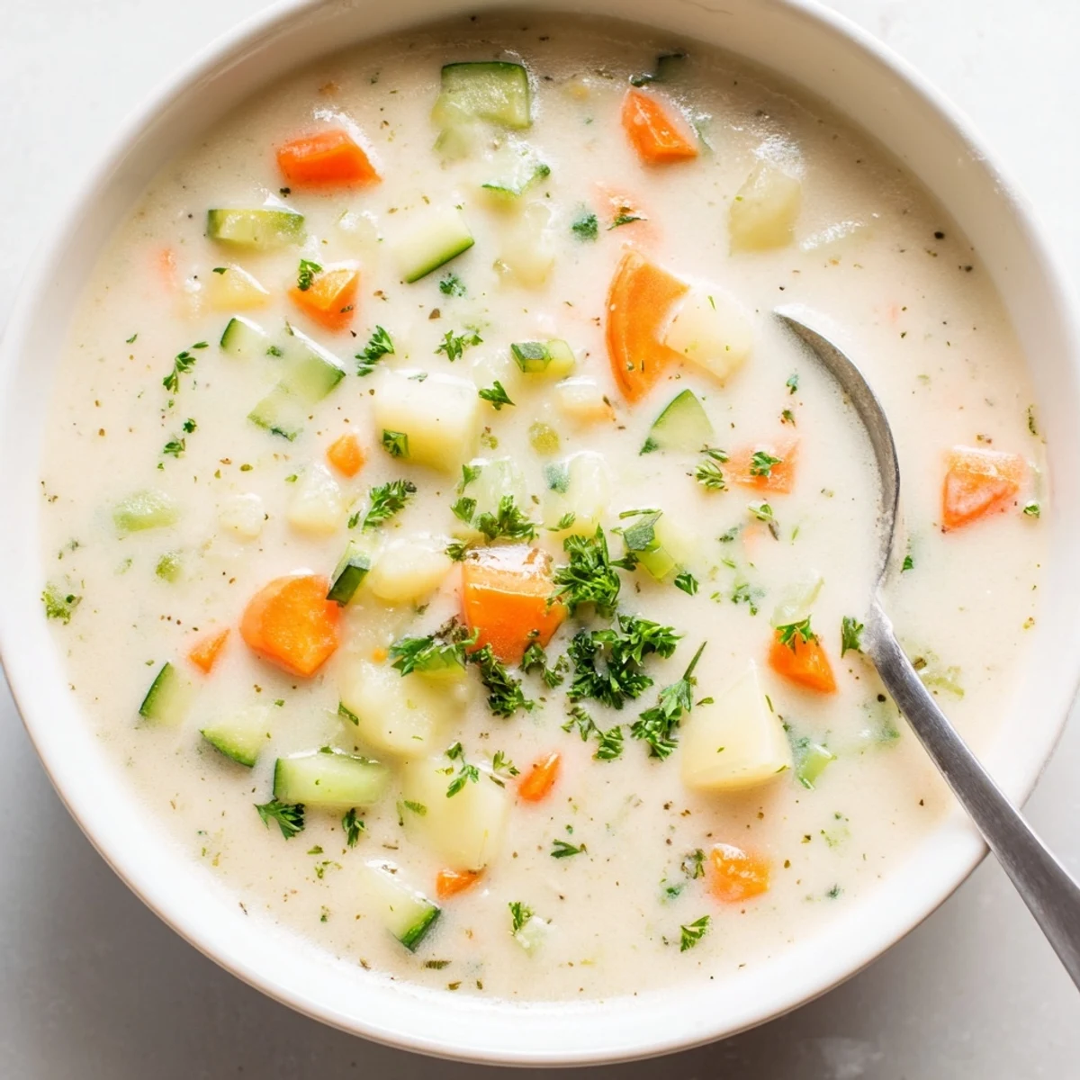 Creamy Lunch Soup swirled with cream in a rustic bowl, steam rising for a comforting lunch.