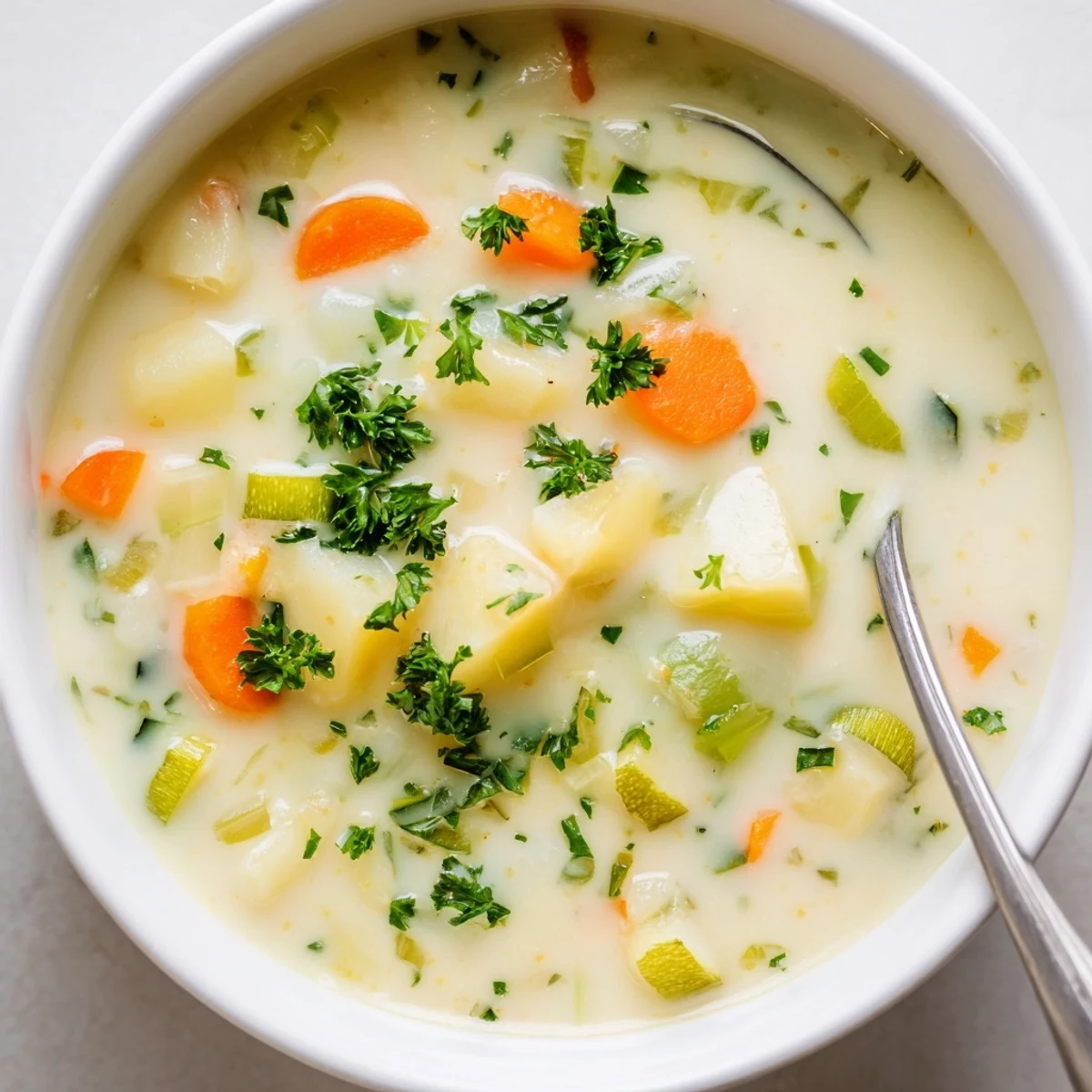 Creamy Lunch Soup served in a white bowl, garnished with fresh parsley and a side of crusty bread.