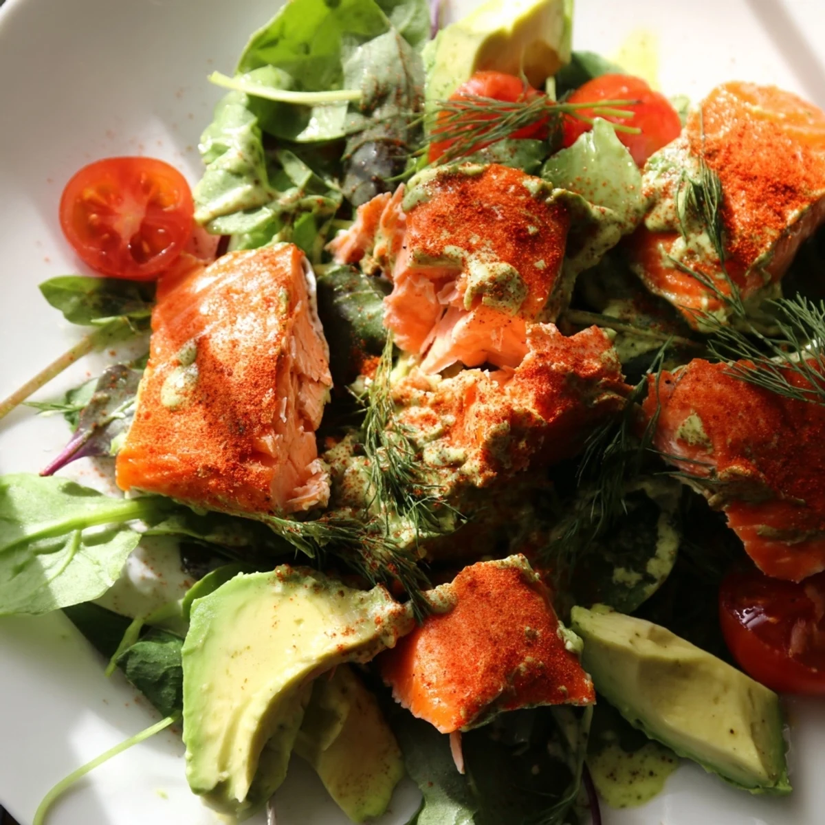 Golden-brown baked salmon rests on a bed of mixed greens, sliced cucumbers, cherry tomatoes, and creamy avocado, drizzled with a zesty lemon-dill dressing.