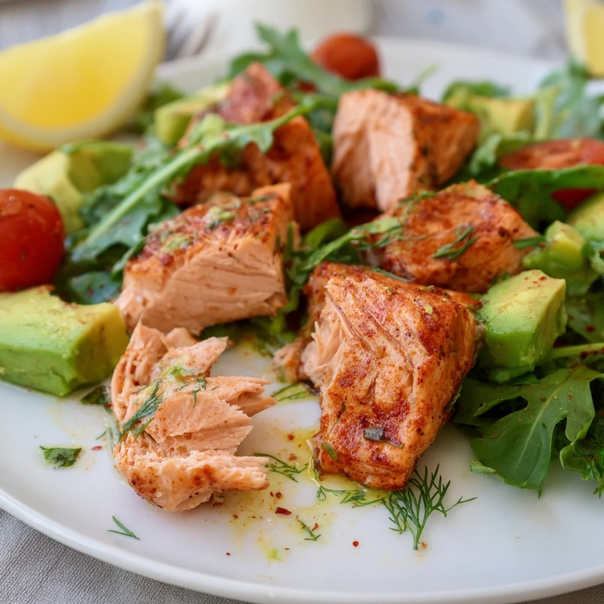 A close-up view of a hearty Baked Salmon Lunch Salad featuring moist lemon-seasoned salmon, crisp vegetables, and a fresh dill vinaigrette.