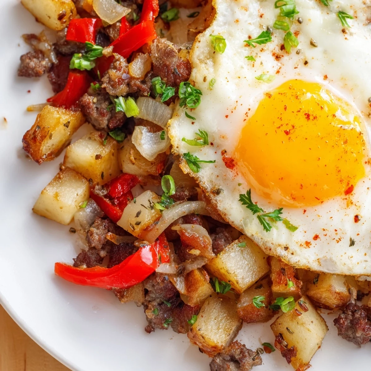 A rustic skillet of Beef Breakfast Hash topped with sunny side-up eggs and fresh green onions, perfect for a protein-packed morning meal.