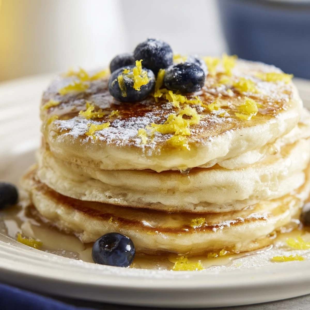 Golden Lemon Breakfast Pancakes stacked high, drizzled with maple syrup and topped with fresh blueberries on a cozy plate.