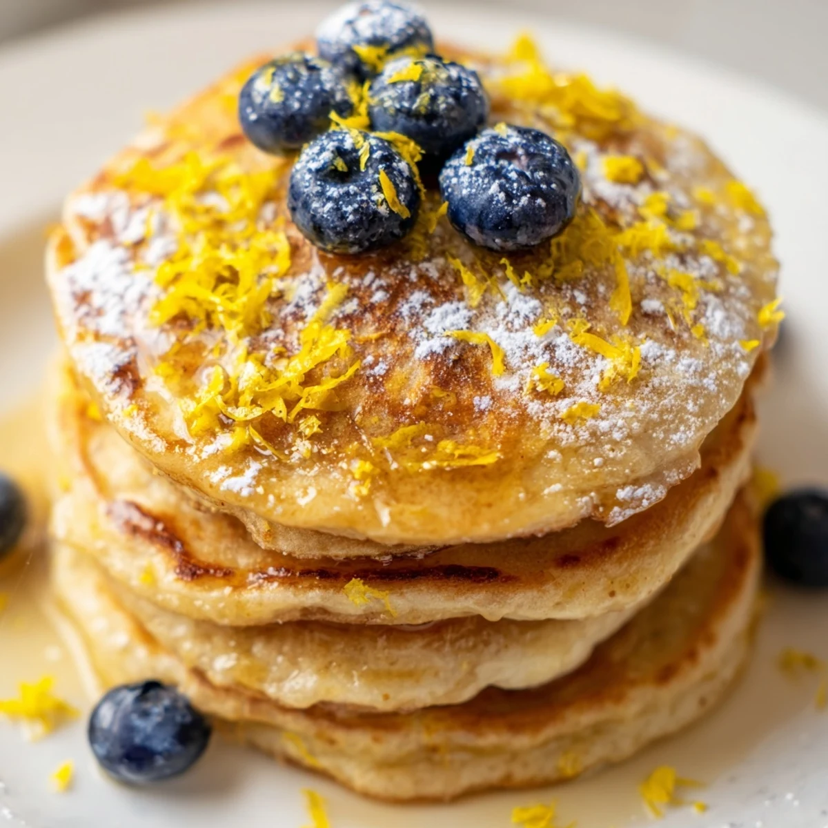 Fluffy Lemon Breakfast Pancakes cooking on a griddle, golden edges forming while a whisk sits beside fresh lemon zest.