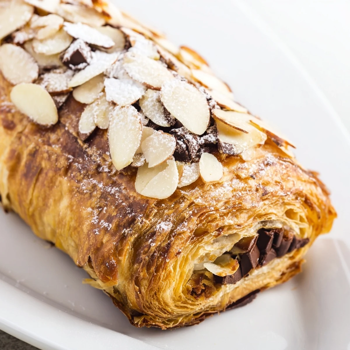 Flaky pastry reveals melted dark chocolate inside, perfect with morning coffee.