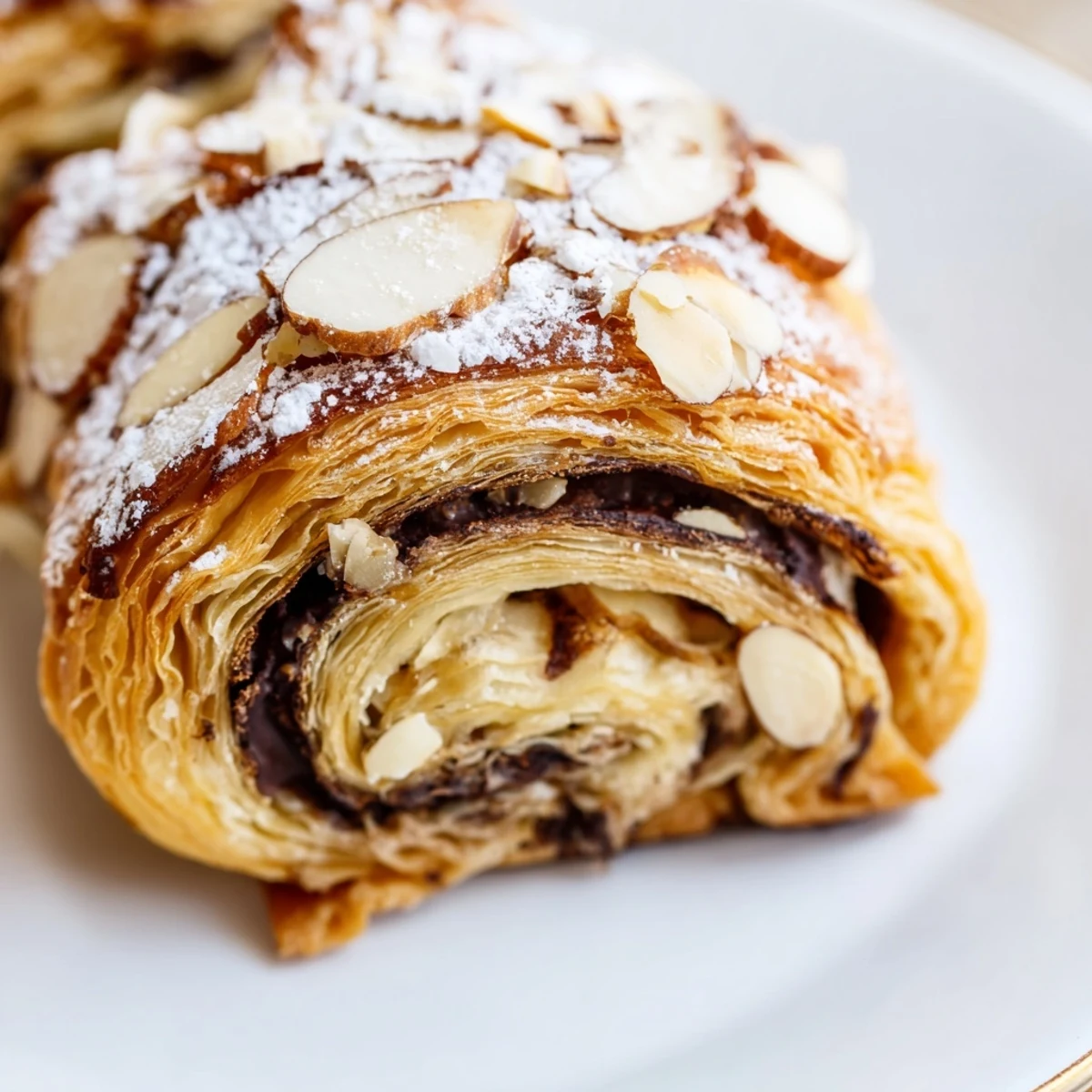 Freshly baked Chocolate Breakfast Pastry topped with sliced almonds, ready to serve.