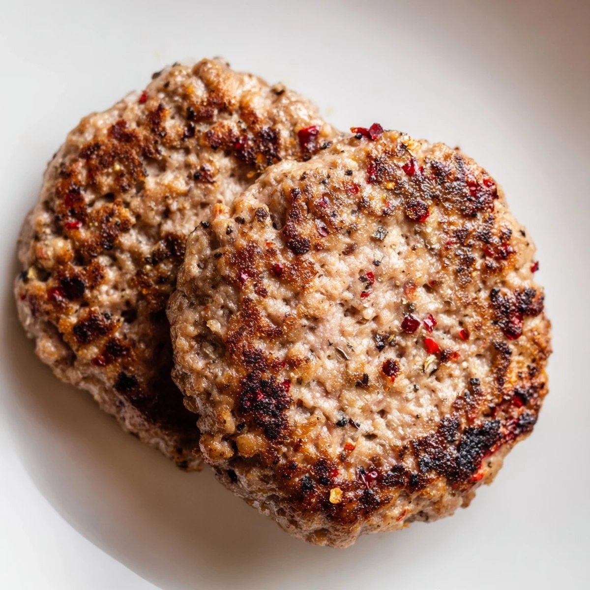 Homemade Turkey Breakfast Sausage patties are sizzling golden brown in a skillet, ready for breakfast. 