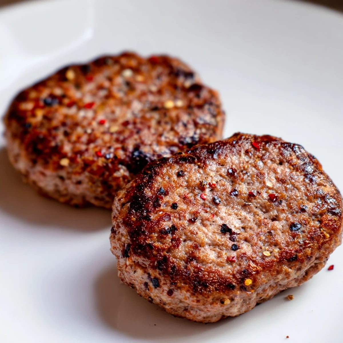 Tender seasoned Turkey Breakfast Sausage patties arranged on a plate with fresh parsley garnish. 