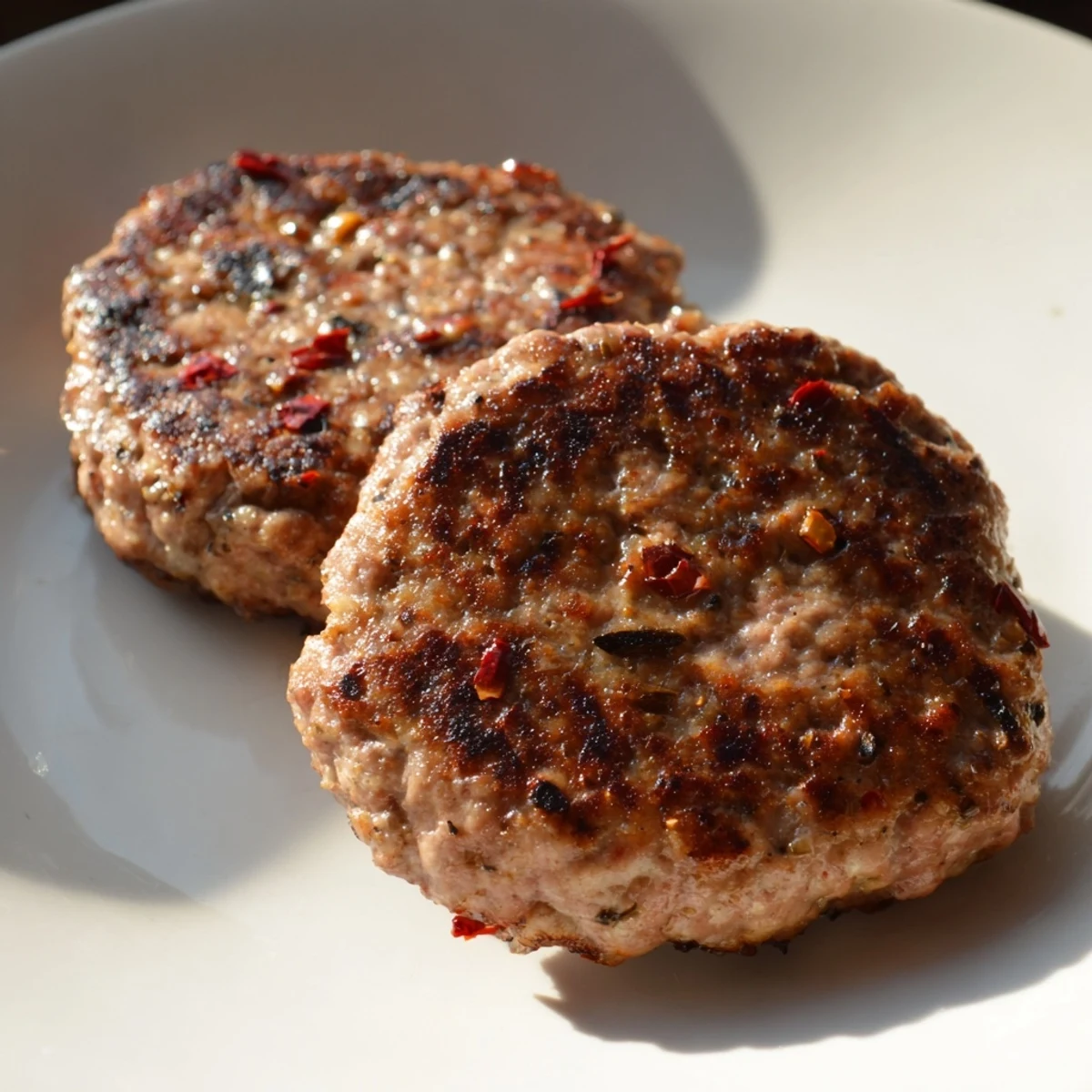 Golden-brown Turkey Breakfast Sausage patties served alongside scrambled eggs and toast for a hearty meal.