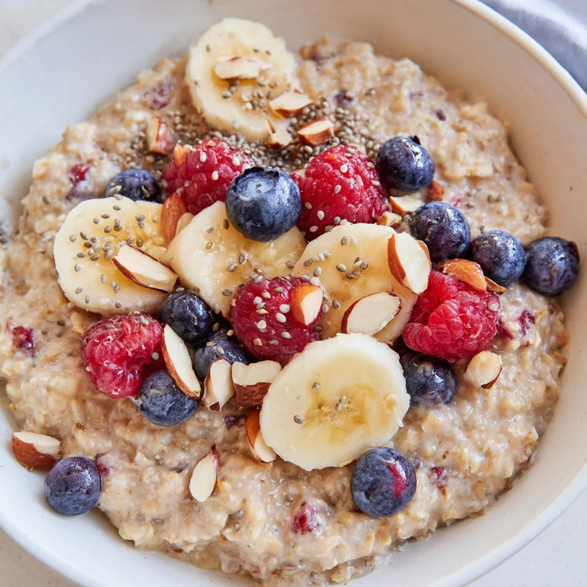 A warm bowl of Creamy Breakfast Oats topped with fresh berries, sliced banana, and crunchy chopped almonds for a wholesome morning meal.
