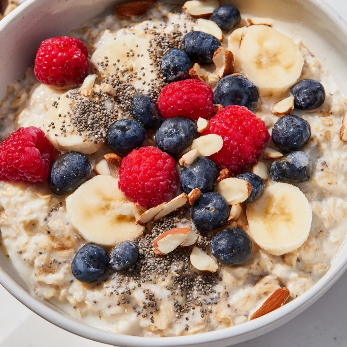 This Creamy Breakfast Oats recipe is garnished with walnuts, chia seeds, and a sweet drizzle of maple syrup for a comforting start.
