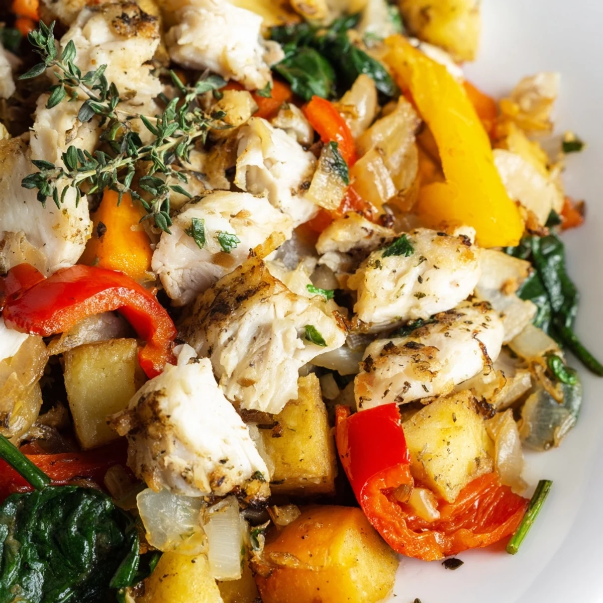Fork-tender baked fish breakfast hash with crispy potatoes, bell peppers, and fresh parsley for a wholesome morning meal.