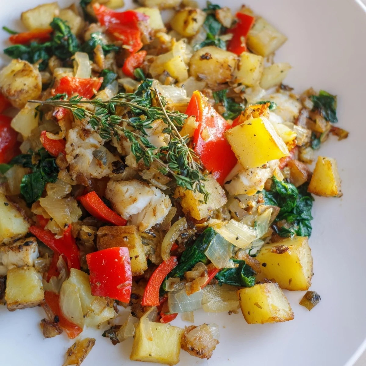 Flaky white fish rests atop a savory hash of potatoes and spinach, topped with a runny egg yolk for a hearty American breakfast.