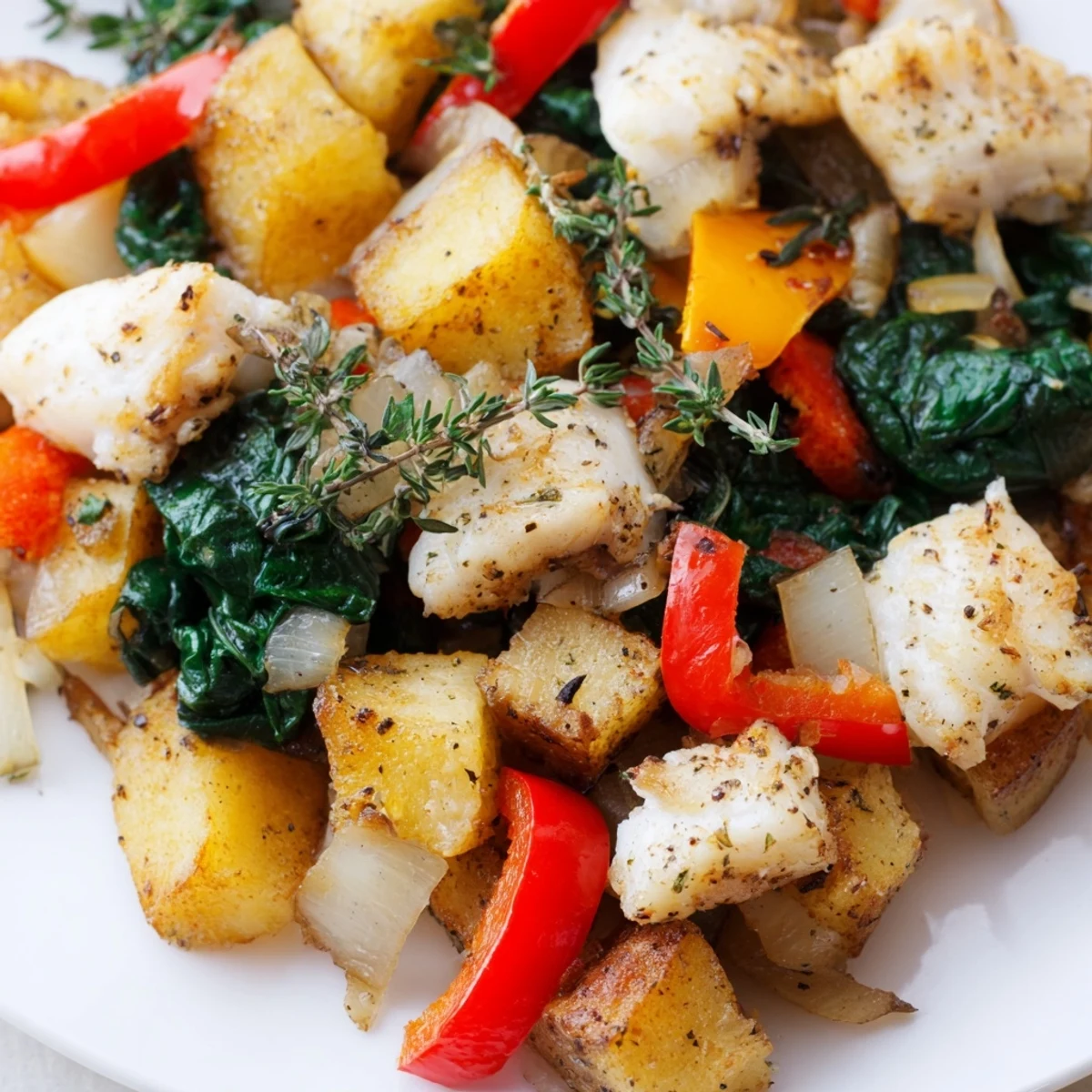 Sizzling golden potatoes, onions, and bell peppers mingle with fork-flaked fish, finished with fresh herbs for a vibrant gluten-free breakfast hash.