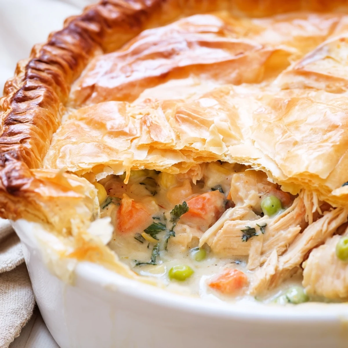 Golden, flaky puff pastry tops the hearty Chicken Supper Pie, filled with creamy chicken and vegetables, ready to slice and serve.