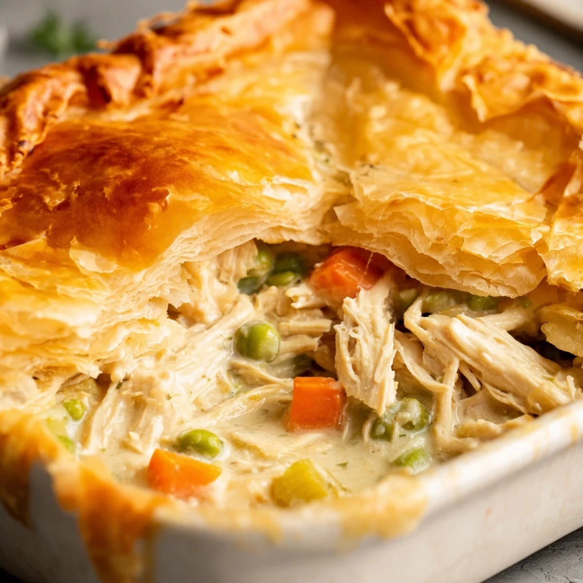 Freshly baked Chicken Supper Pie emerges from the oven with a crisp crust, revealing a rich filling of tender chicken and peas.
