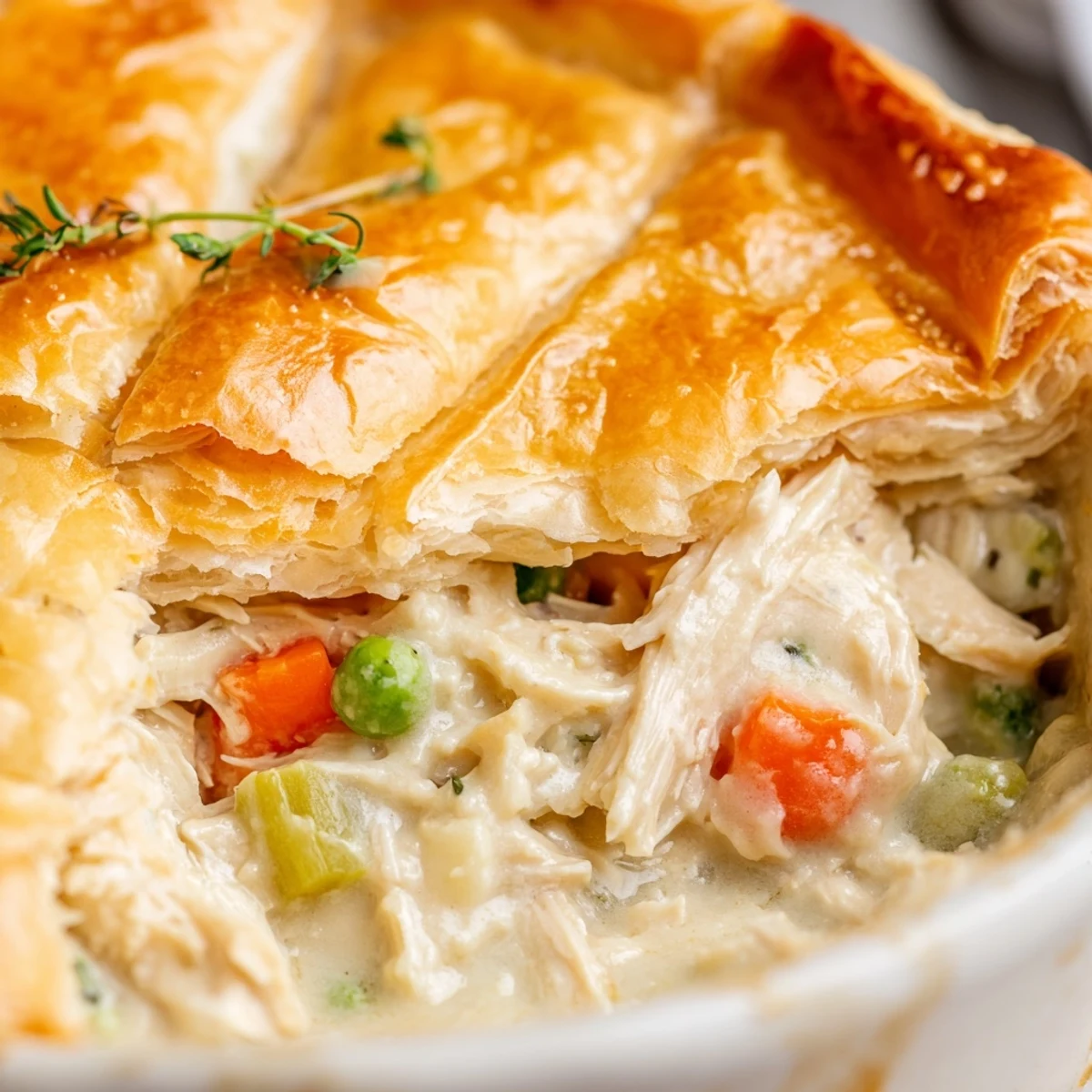 Comforting Chicken Supper Pie features a golden pastry crust, served steaming hot alongside green salad and a glass of chilled Chardonnay.