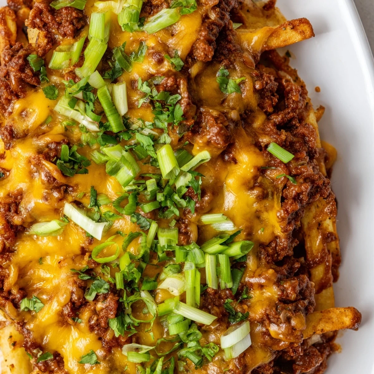 Crispy golden fries loaded with homemade chili, melted cheddar, and fresh green onions, ready to serve.