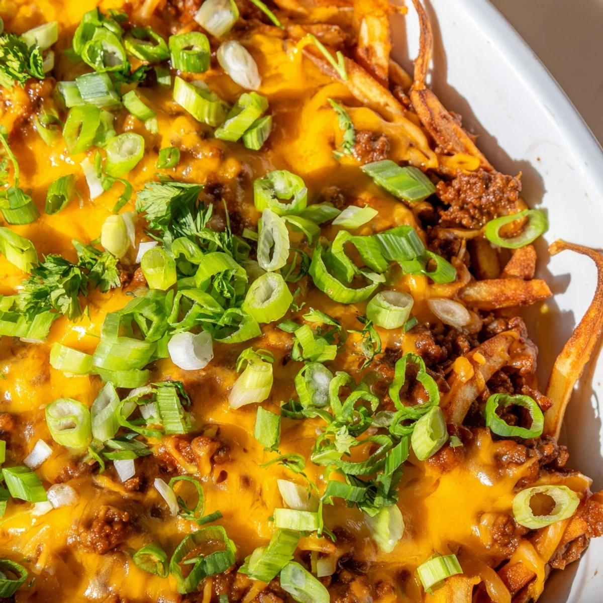Steaming Championship Chili Cheese Fries smothered in bubbly cheddar, cilantro, and scallions, served on a platter.