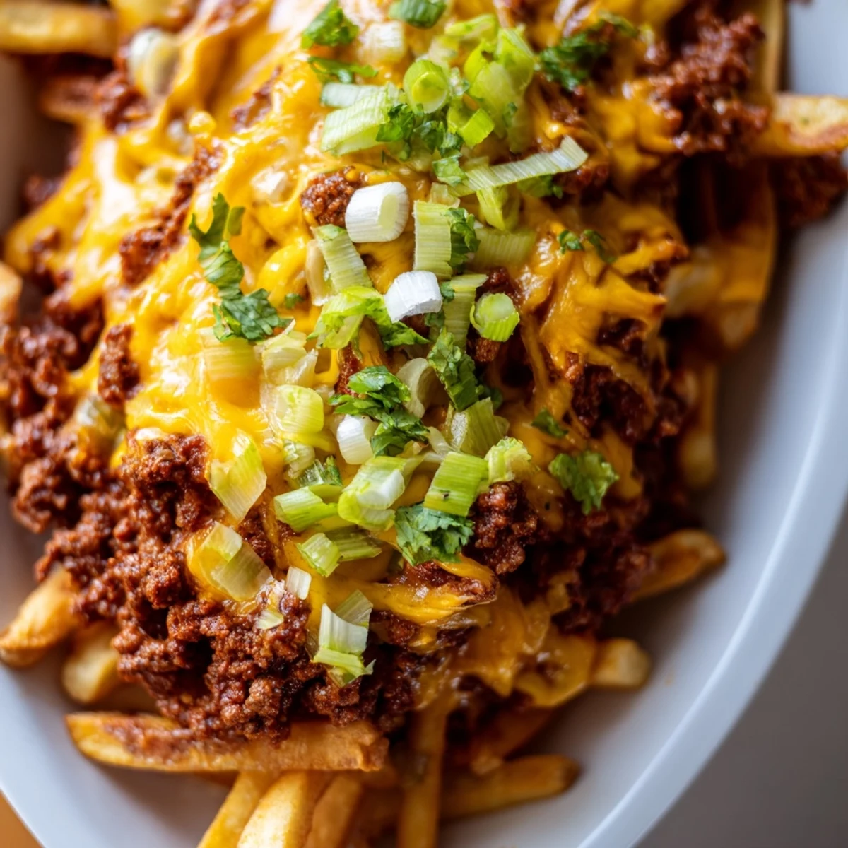 Freshly baked Championship Chili Cheese Fries topped with hearty beef-and-bean chili for a game day treat.