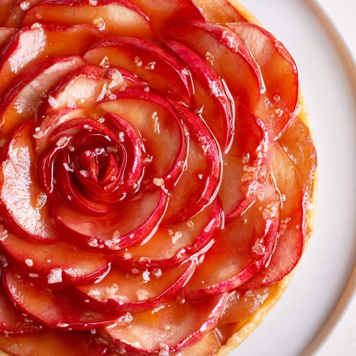 Crumbly pastry crust holds baked apple roses in this elegant French tart, brushed with apricot jam for a glossy finish.