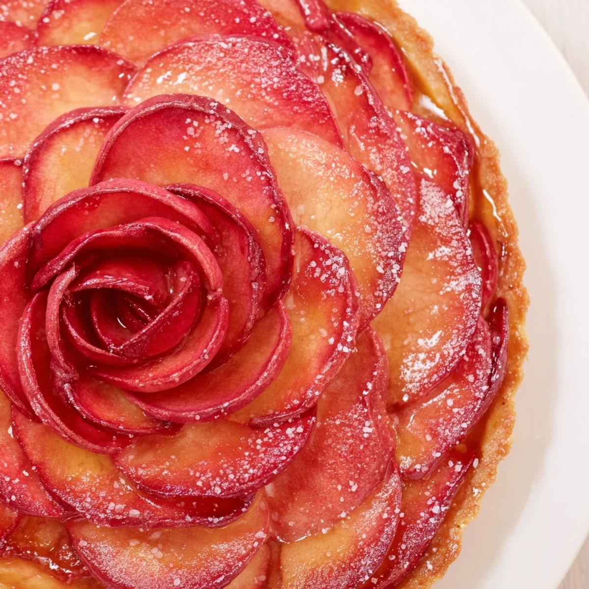 A stunning Red Rose Apple Tart with thinly sliced apples forming delicate roses over golden almond frangipane filling.