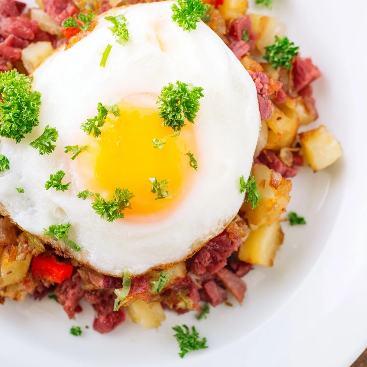 Golden, crispy hash with halal corned beef topped with a runny poached egg, fresh parsley garnish.