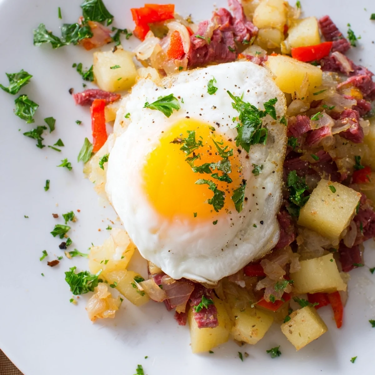 A hearty skillet of corned beef hash with poached eggs, served bright and ready to enjoy.
