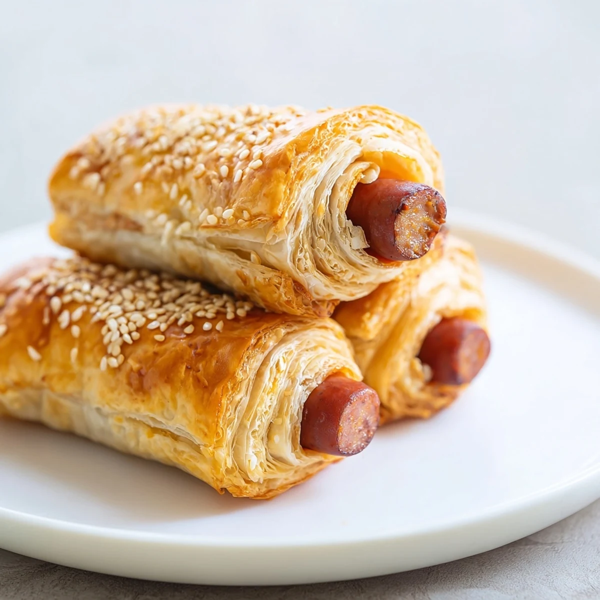 A close-up of flaky, buttery Super Bowl Pigs in a Blanket, sprinkled with sesame seeds on a rustic wooden board.
