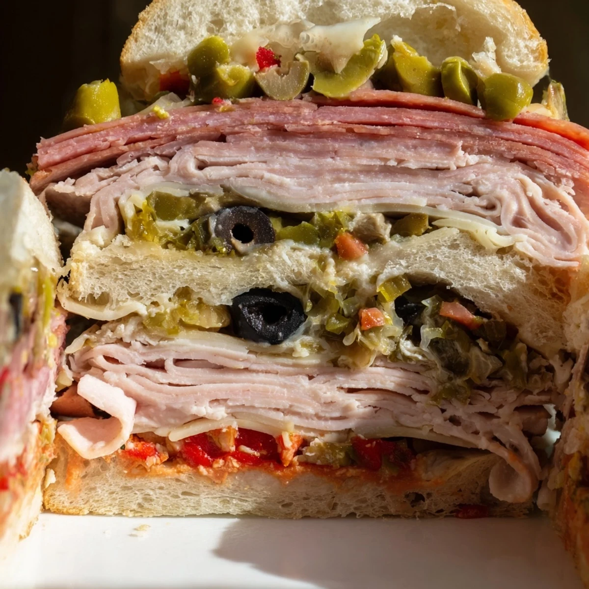 A halal Muffuletta sandwich stacked with cured meats and provolone on crusty Italian bread, glistening with olive oil and tangy olive salad.