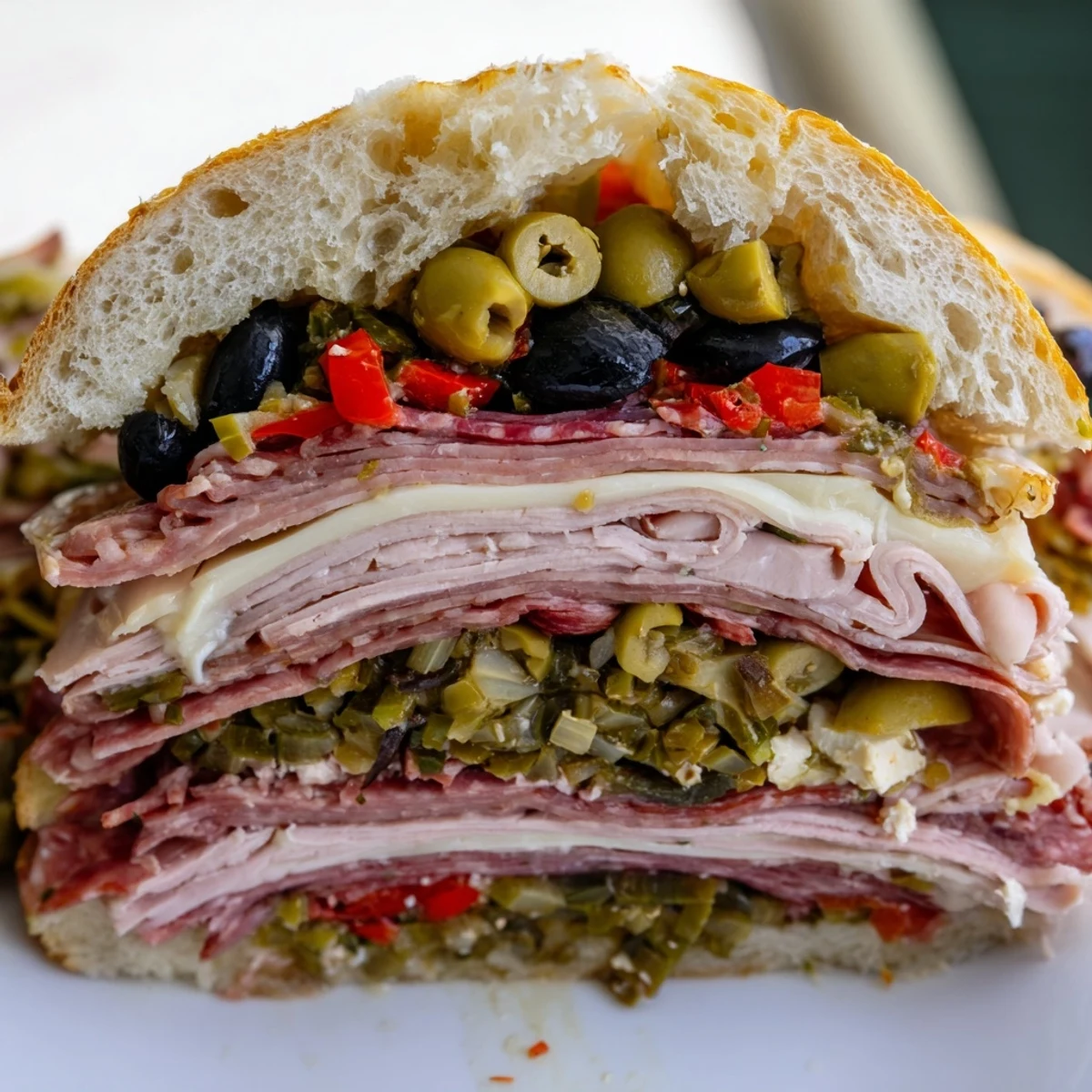 The halal Muffuletta sits sliced, revealing layers of turkey, salami, and mortadella nestled with cheese amid chunky, marinated olive salad.