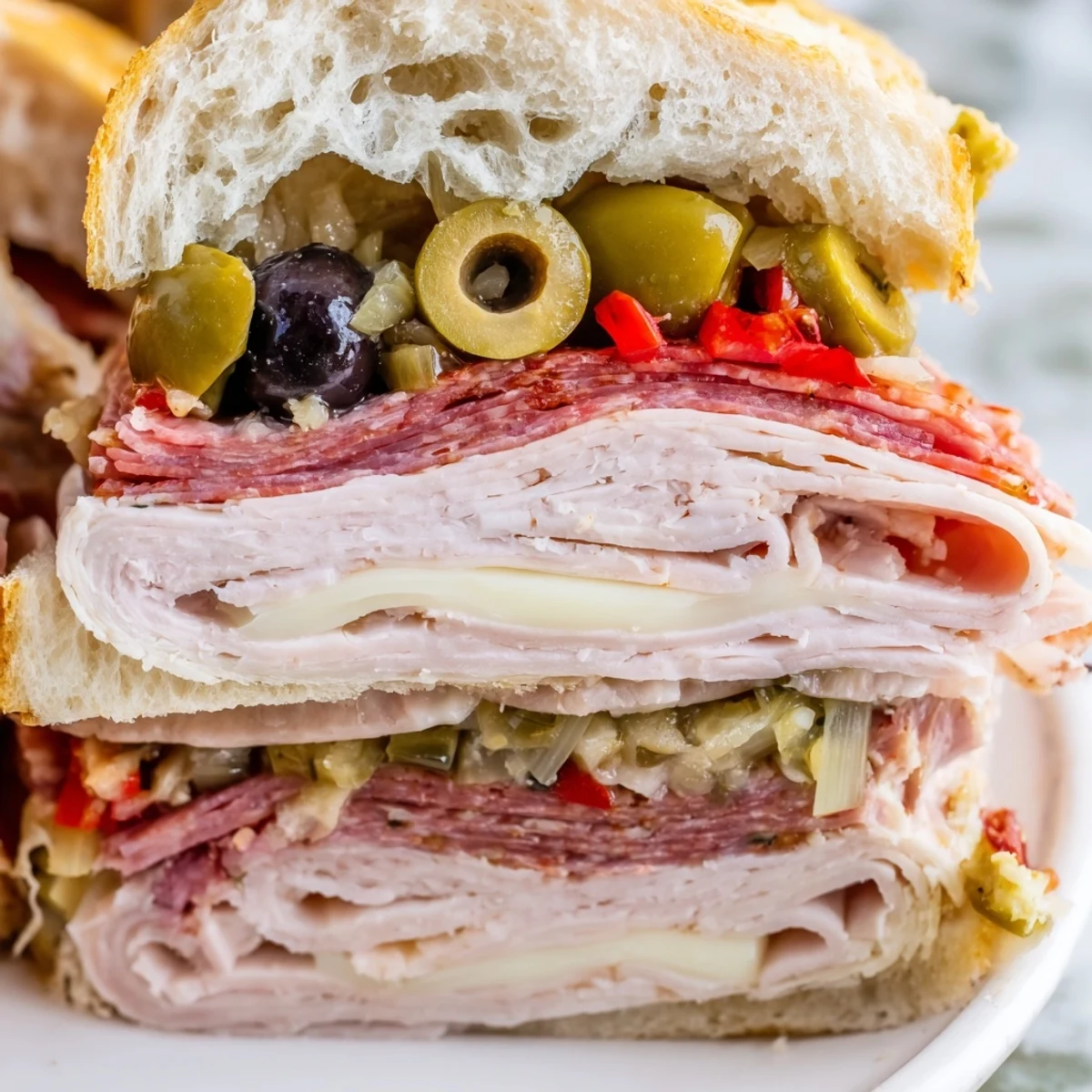 Perfect for a picnic, this New Orleans Muffuletta sandwich showcases a round loaf brimming with halal deli meats, provolone, and zesty olive relish.