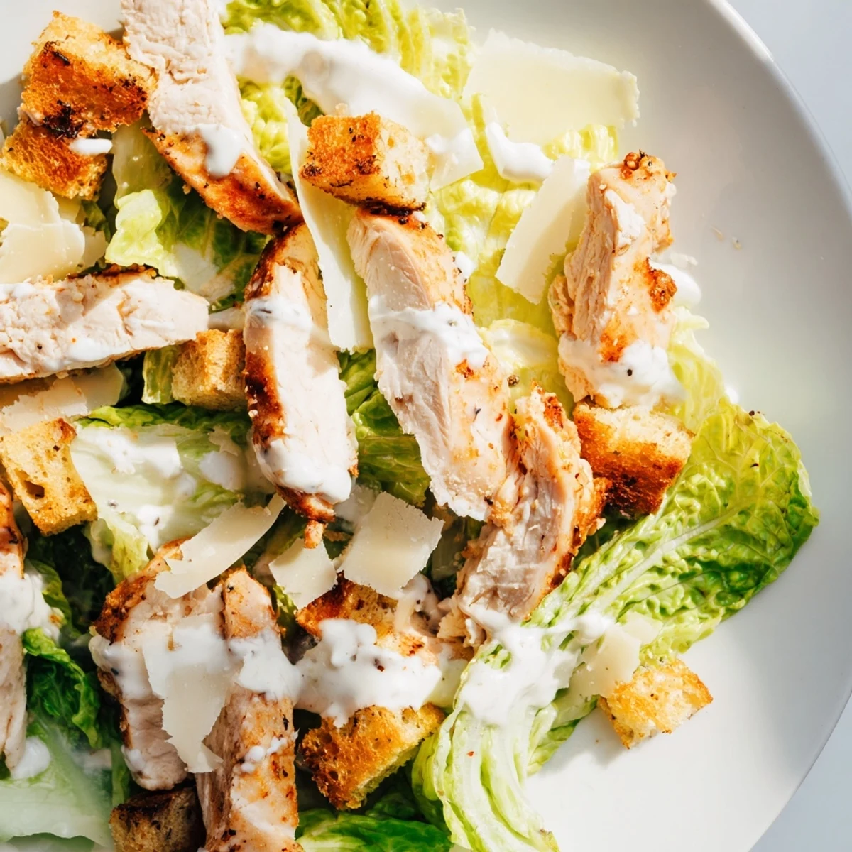 Freshly made Chicken Caesar Salad tossed in creamy dressing, topped with savory Parmesan and crunchy homemade croutons.