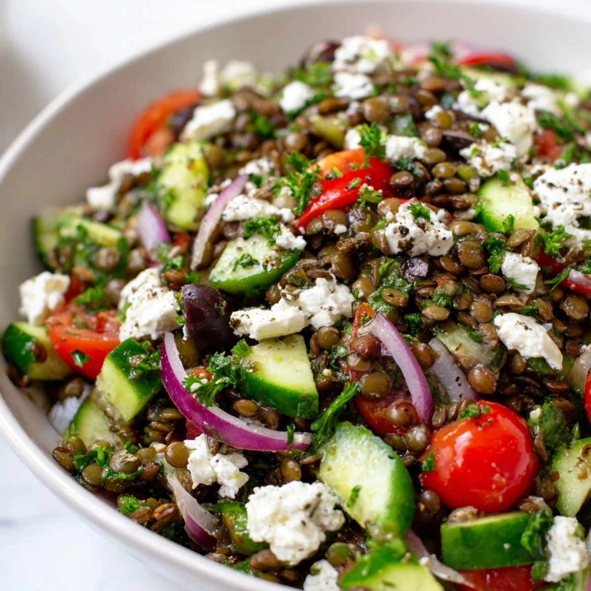 Bright Mediterranean Lentil Salad with Feta, featuring cherry tomatoes and cucumbers, served in a white bowl.